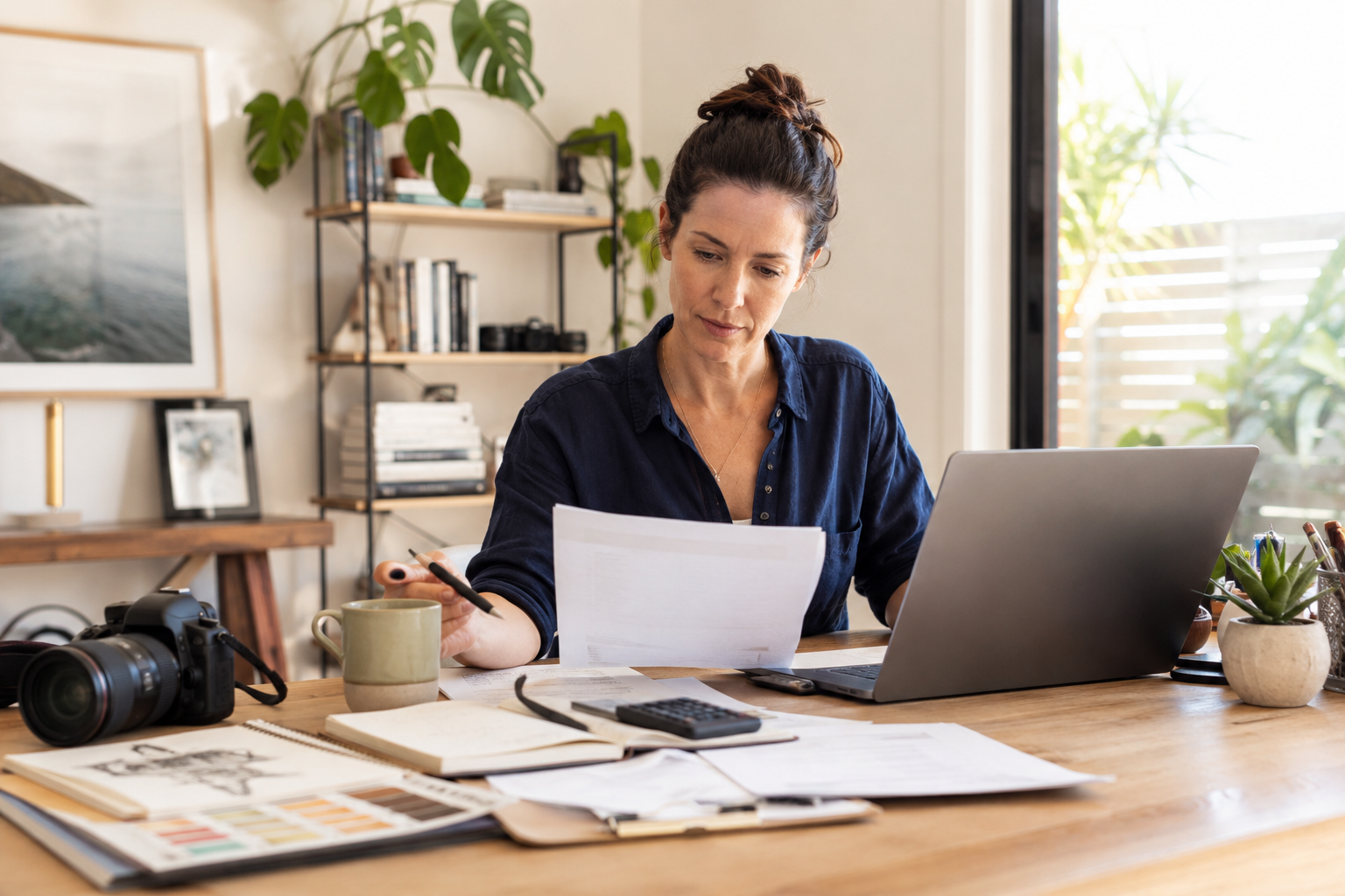 Self employed woman reviewing paperwork in a home office