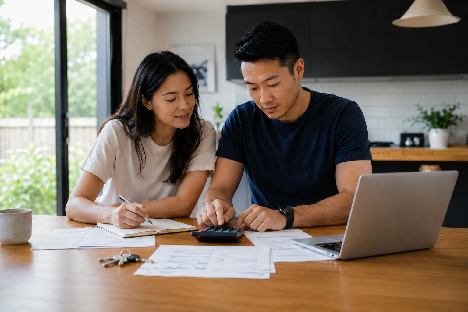 Young couple planning their home deposit at the kitchen table
