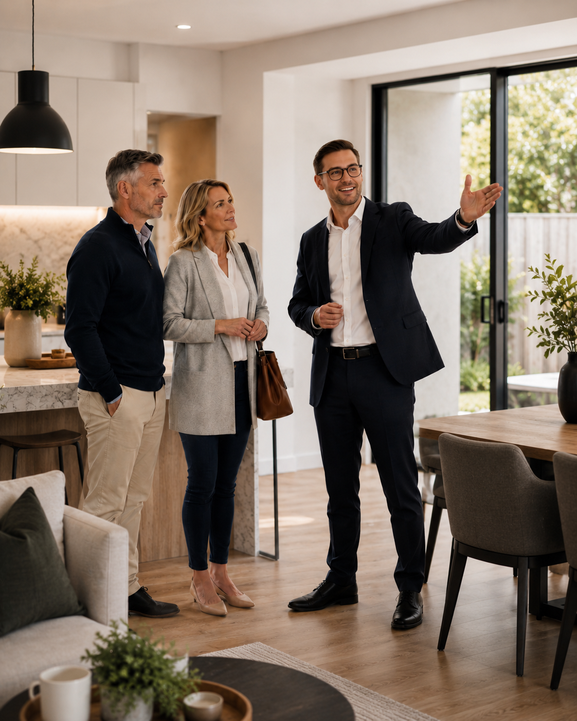 A broker showing a couple through a home